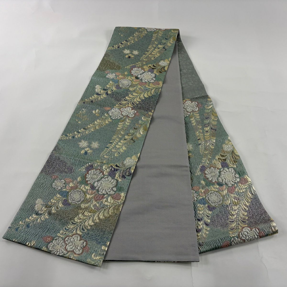 【美品】 袋帶 秀品級 夢想辻花染 金金箔 淺綠 六通 純蠶絲