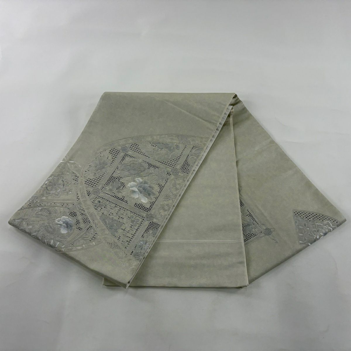 袋帶 秀品級 草花紋紋 刺繡 灰白 お太鼓柄 純蠶絲