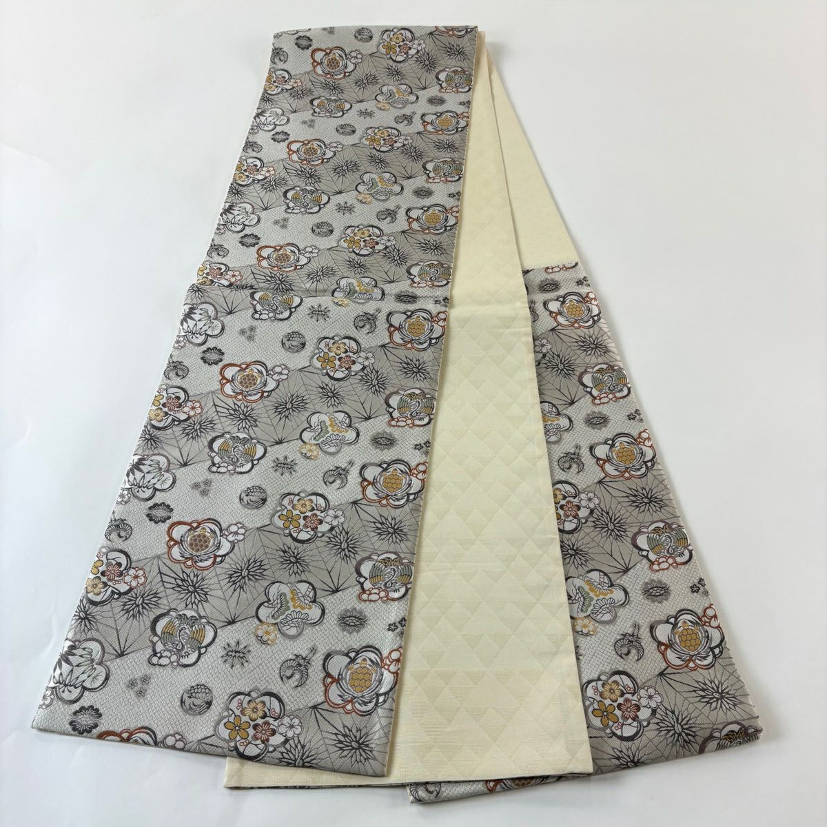 【美品】 袋帶 秀品級 紹巴紅型 梅花 仙鶴龜 灰白 六通 純蠶絲