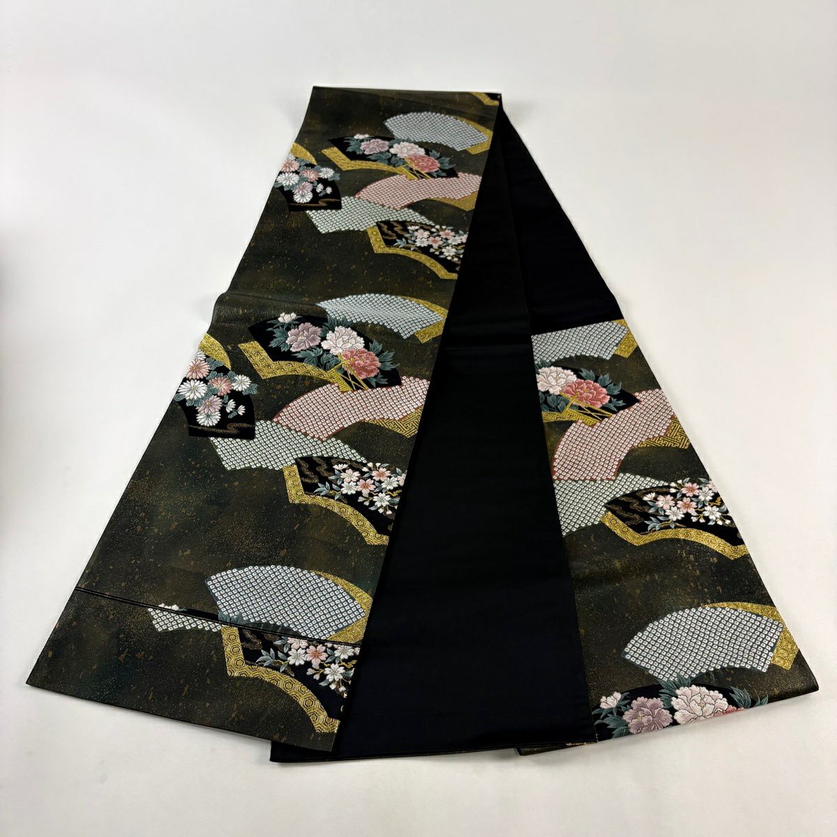 【美品】 袋帶 秀品級 扇子面 牡丹 金金箔 金絲 茶綠 六通 純蠶絲