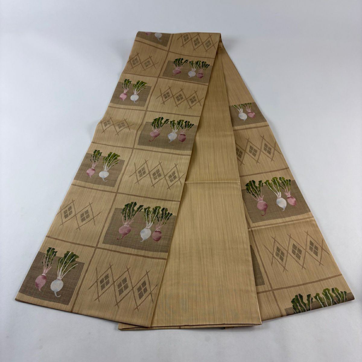 【美品】 袋帶 秀品級 蕪 菜 薄茶 深藍 六通 純蠶絲