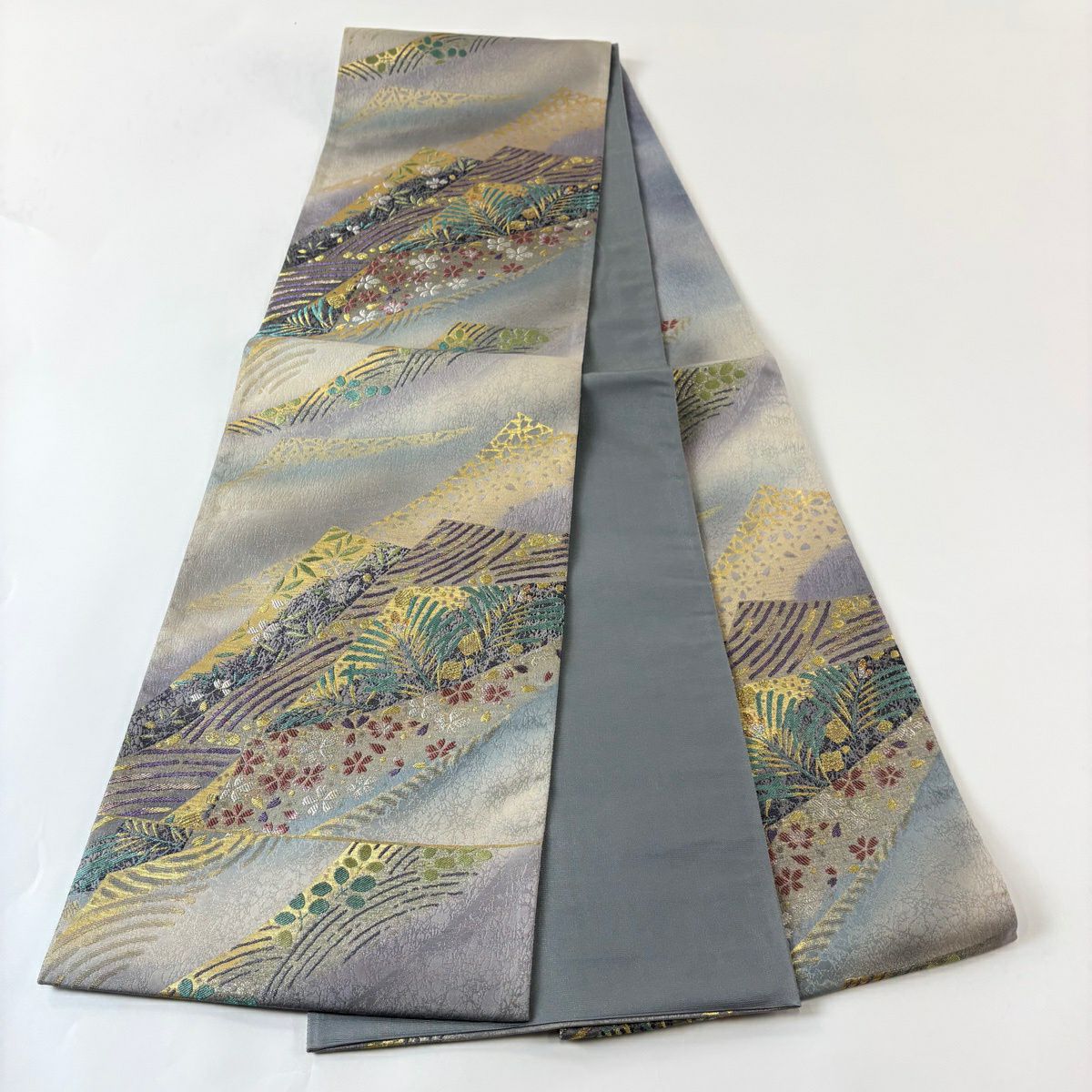 【美品】 袋帶 秀品級 若松樹 櫻花 金銀彩 金金箔 青灰 深藍色 六通 純蠶絲