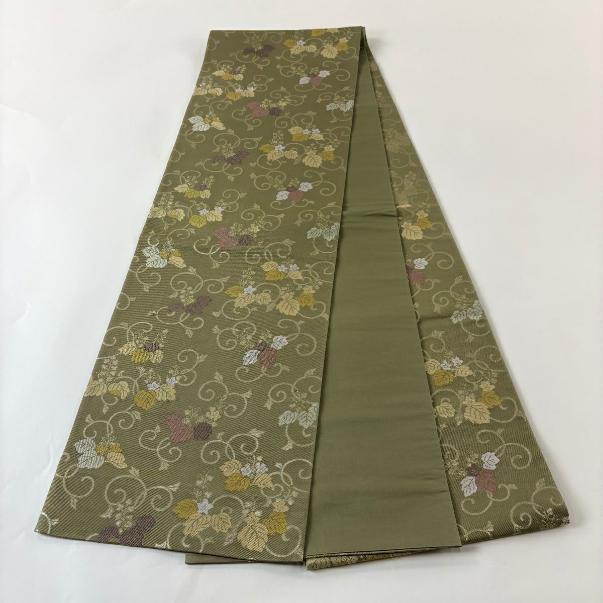【美品】 袋帶 秀品級 桐 唐草紋 金金箔 鶯 深藍 六通 純蠶絲