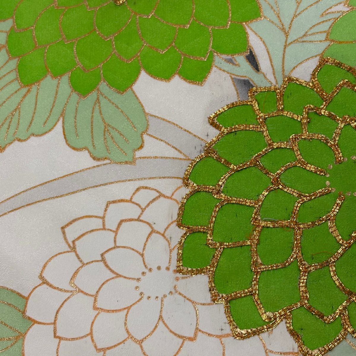振袖禮服 身長155cm 袖長63.5cm S 雙層 菊花 枝梅花 金絲 金銀彩 奶油色 純蠶絲 優品級