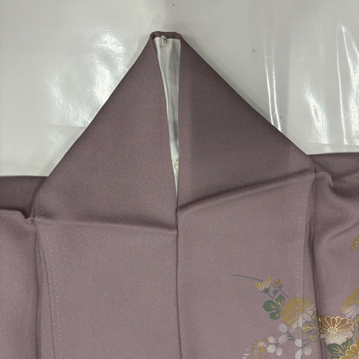訪問服 身長150.5cm 袖長62cm S 雙層 落款あり 印籠 草花紋紋 螺鈿 金銀彩 灰紫 純蠶絲 秀品級