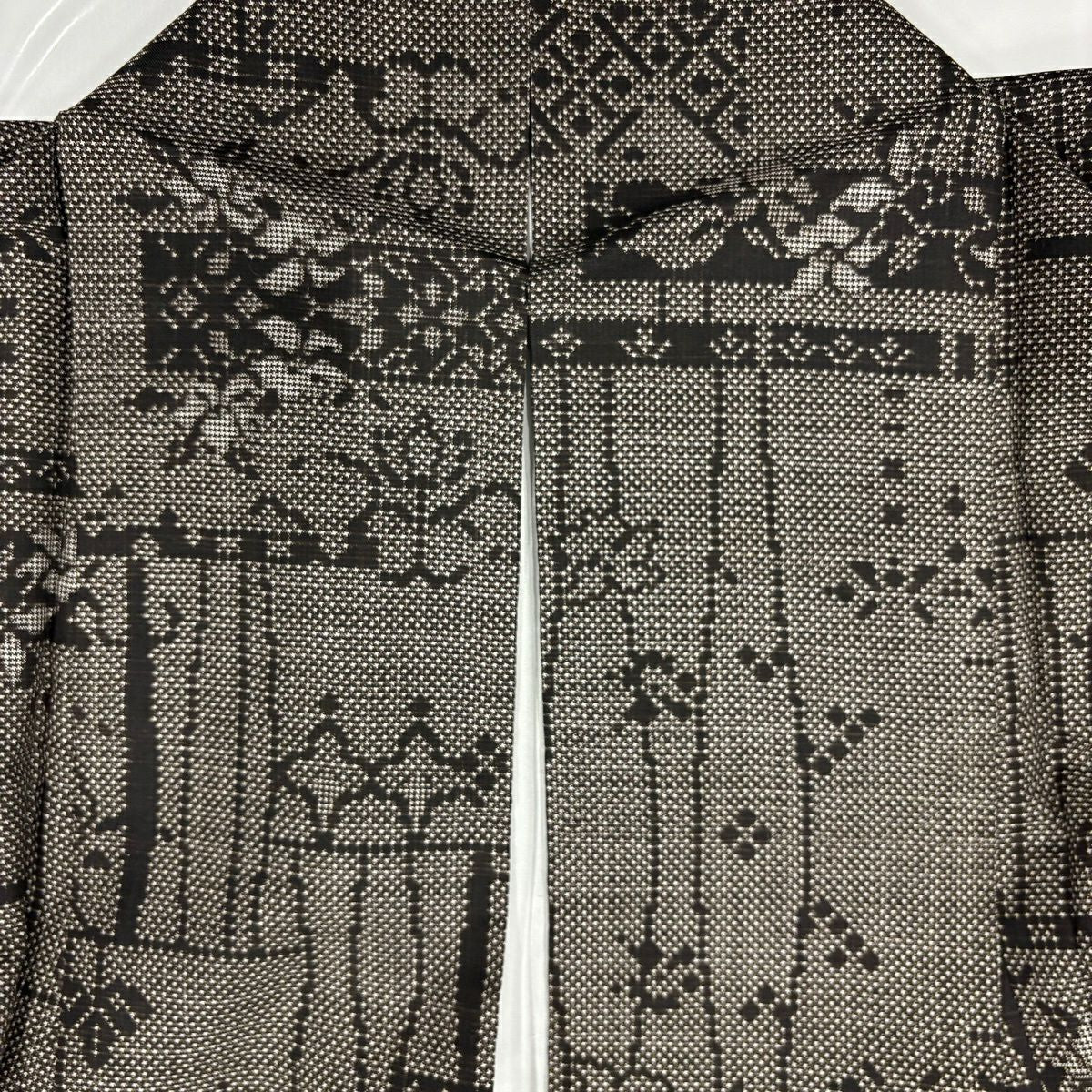 【美品】 紬織織 身長154.5cm 袖長63.5cm S 雙層 草花紋紋 幾何學 黑灰 純蠶絲 秀品級