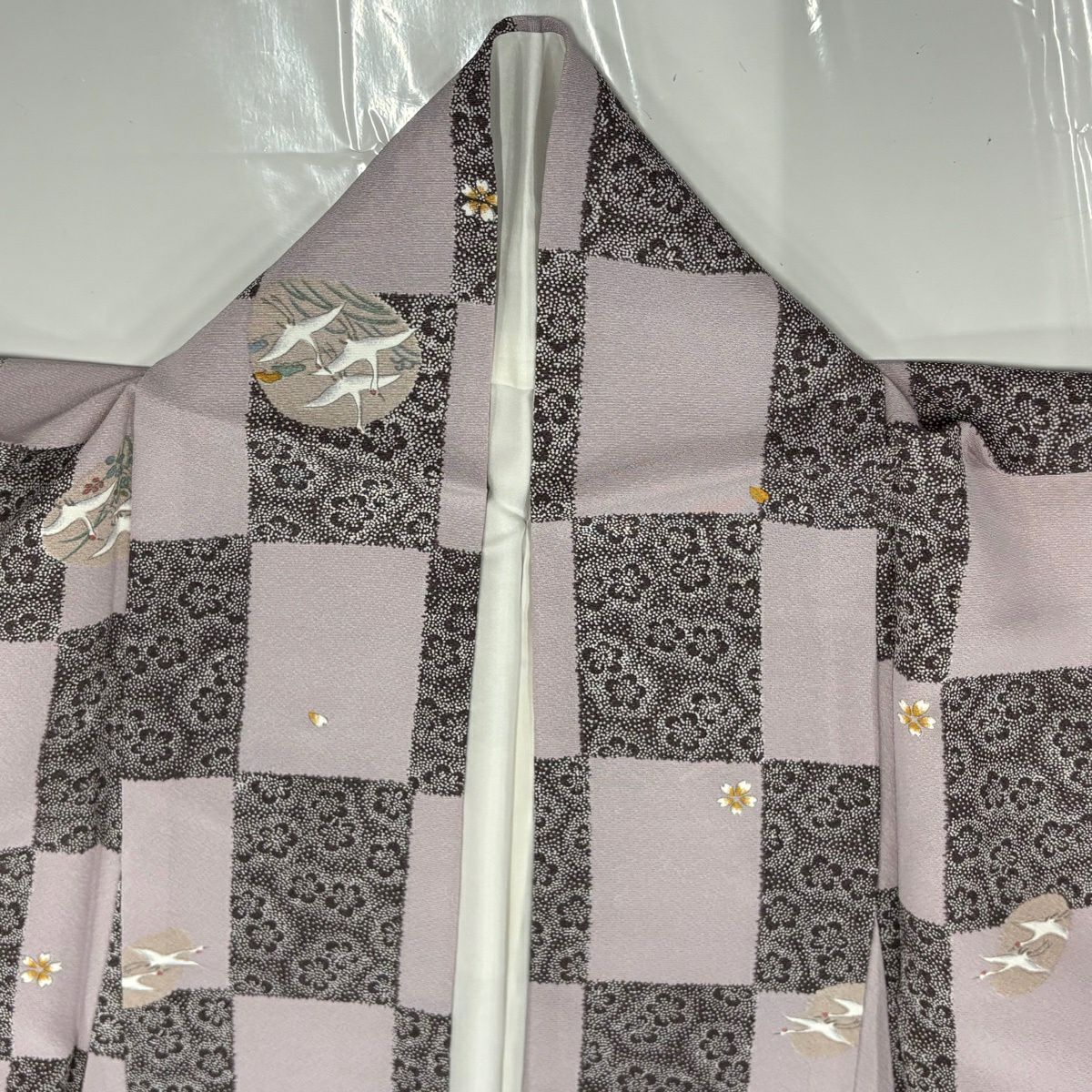 【美品】 小紋 身長154cm 袖長67cm M 雙層 仙鶴 變化市松樹 淺紫 純蠶絲 優品級