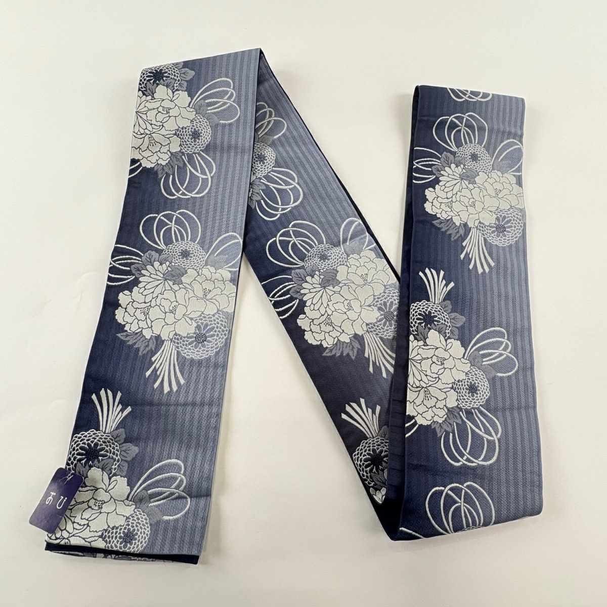 【美品】半幅帶 優品級 花束 牡丹 深藍 化纖