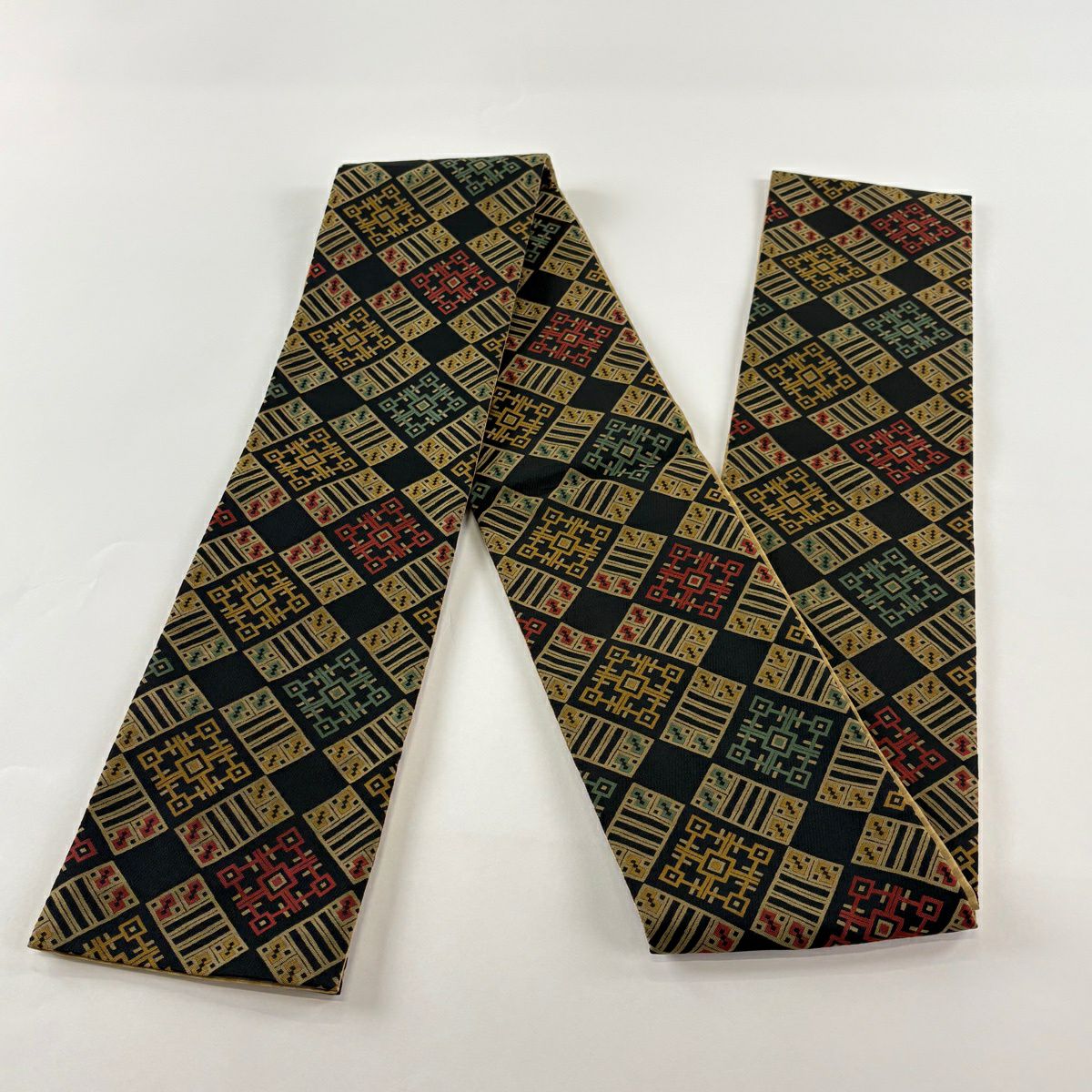 【美品】半幅帶 優品級 幾何學圖案 黑 化纖