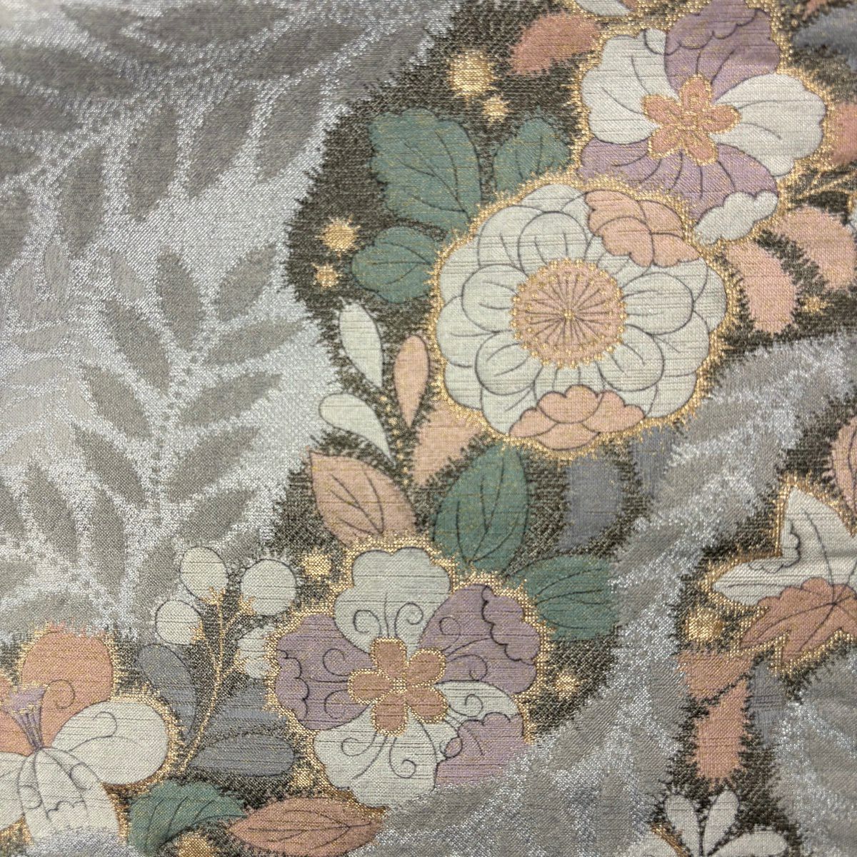 【美品】 小紋 身長162.5cm 袖長66.5cm M 雙層 袋帶套裝 梅花 草花紋刺繡 金絲 淺綠 純蠶絲 優品級