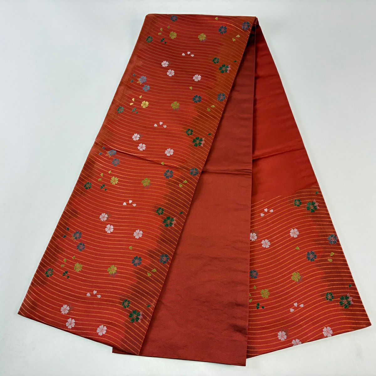 【美品】 袋帶 名古屋帶 優品級櫻花波金金箔唐織紅茶 化纖