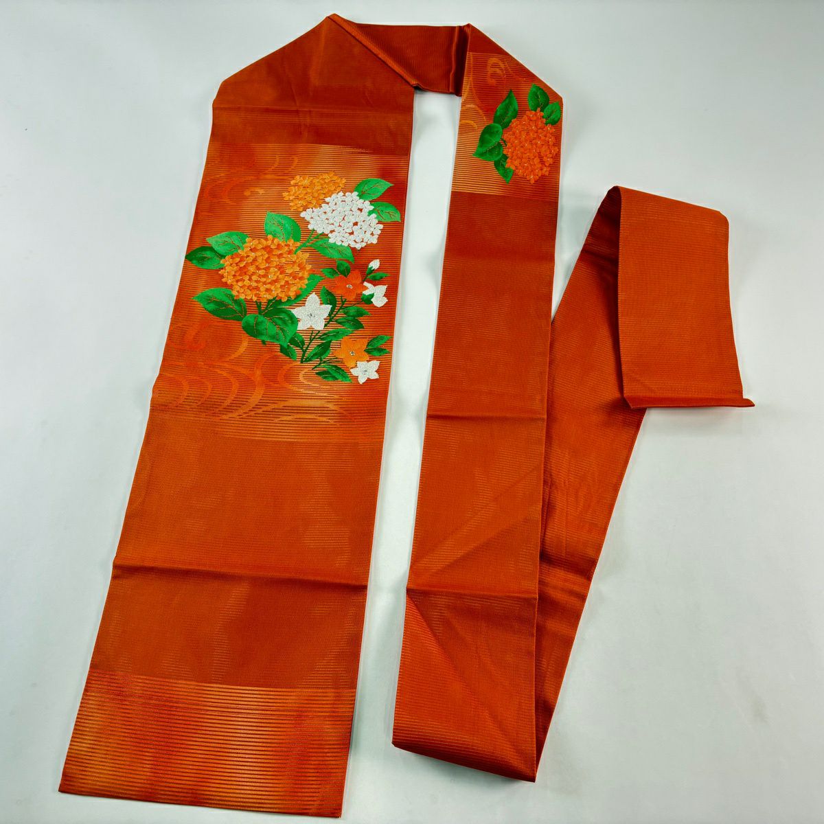 【美品】 名古屋帶 優品級 夏帶 紫陽花 桔梗 金銀彩 橙色 純蠶絲
