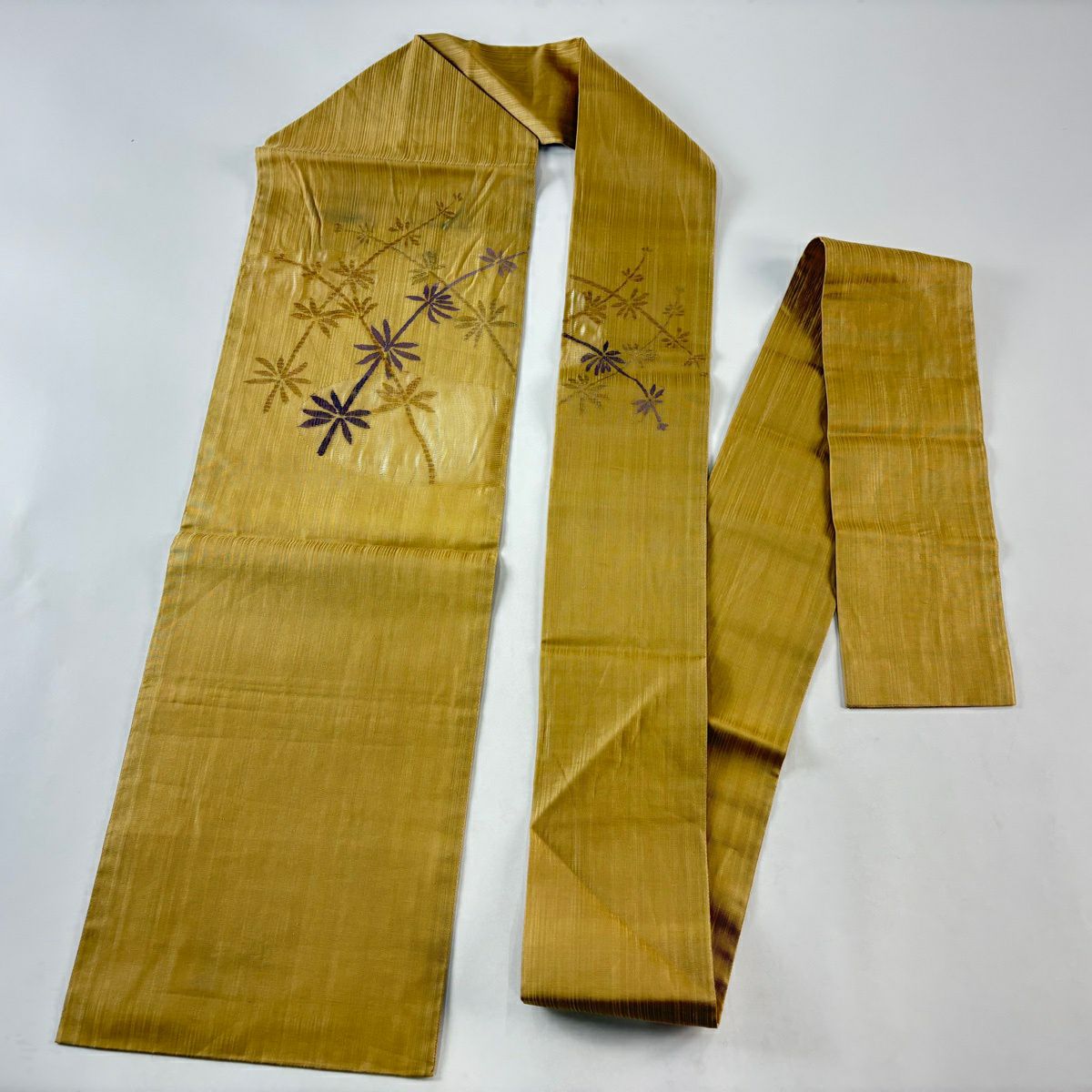 名古屋帶 優品級 夏帶 草花紋 金糸 山吹茶 純蠶絲