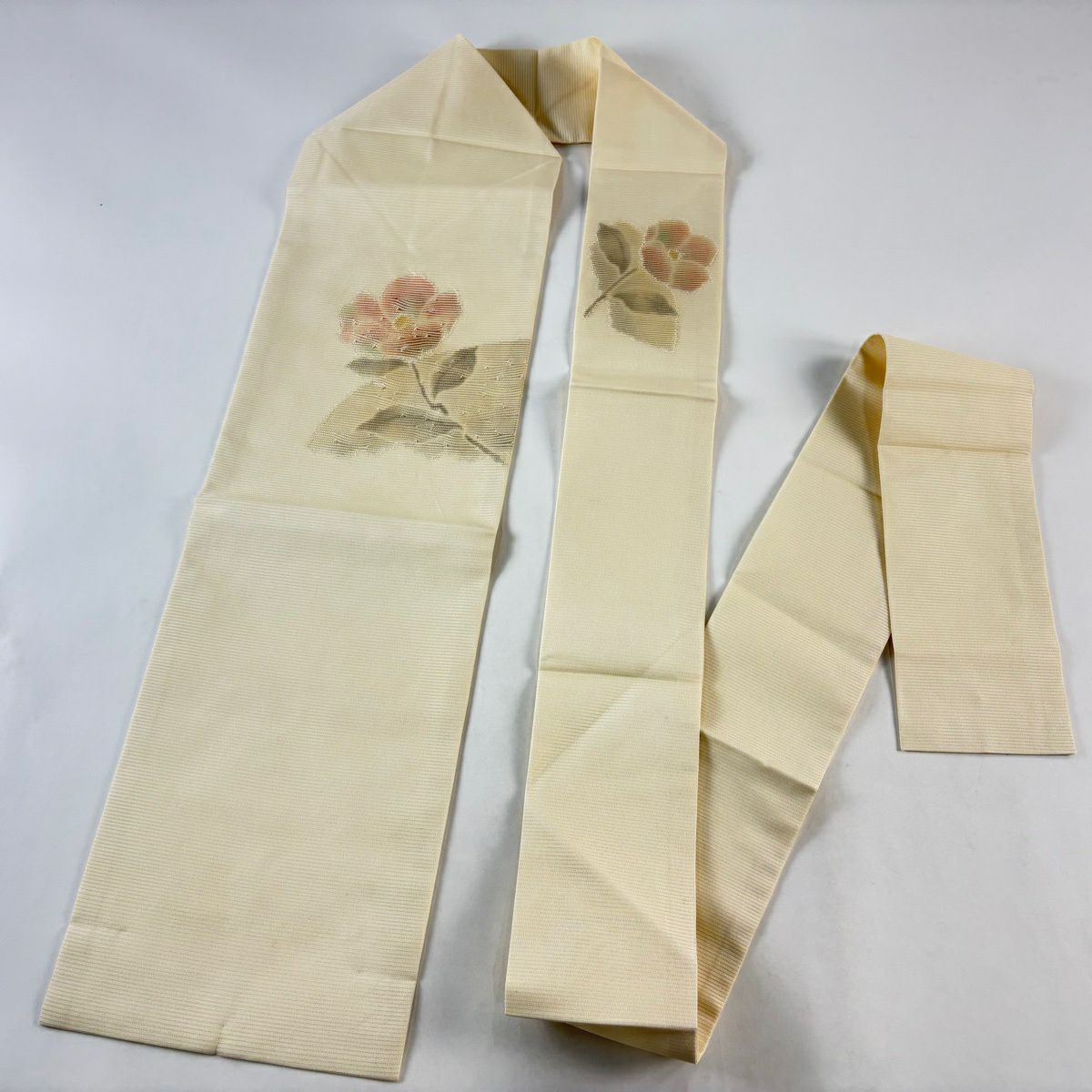 【美品】名古屋帶 優品級 夏帶 絽 草花紋 淡米色 純蠶絲