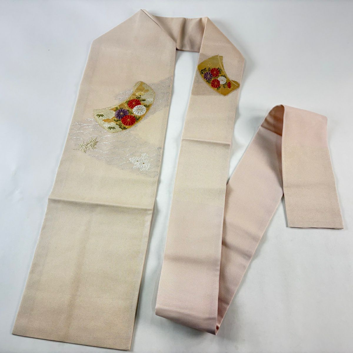 名古屋帶 優品級 夏帶 絽 菊花 芝 金銀線 銀彩 米色 純蠶絲