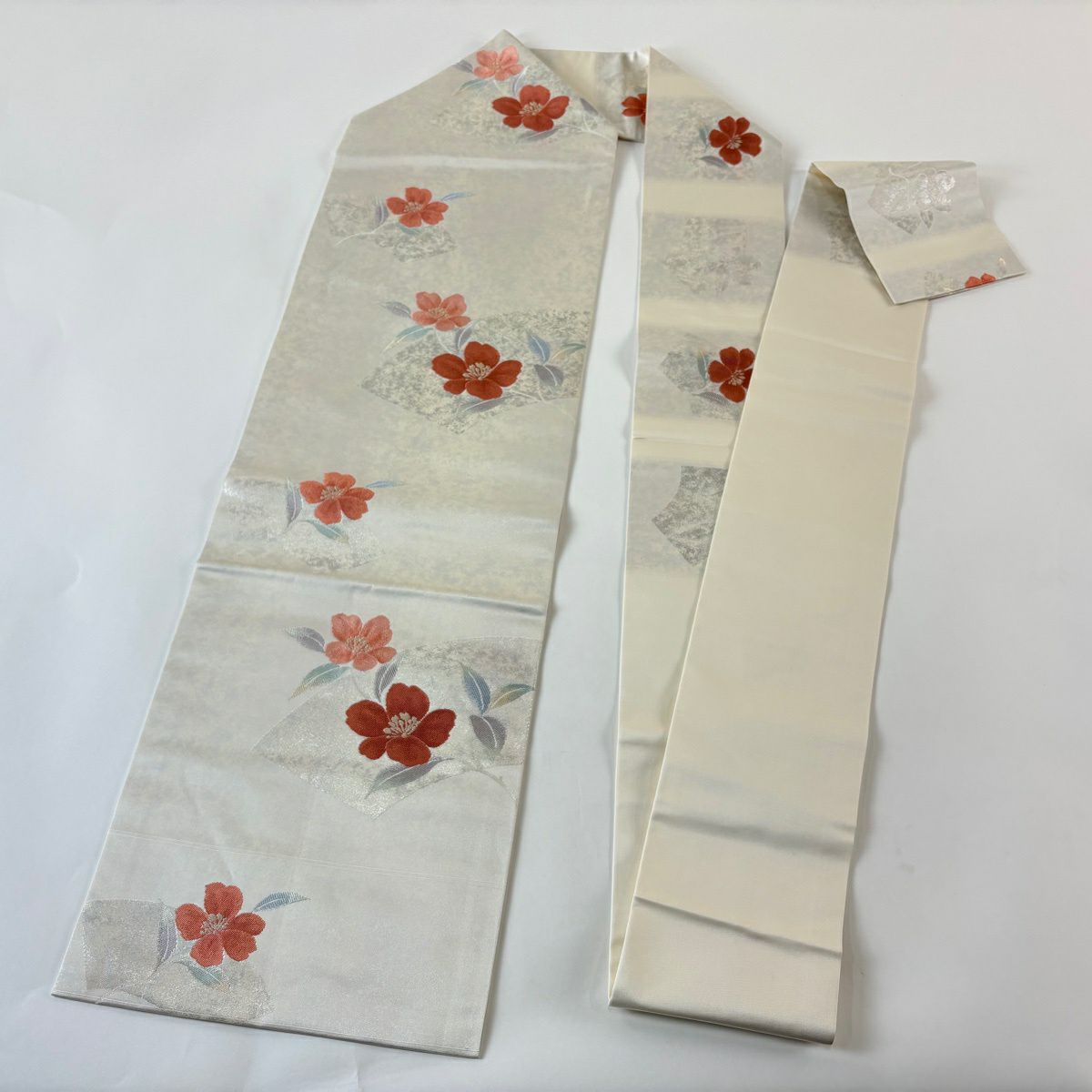 名古屋帶 優品級 扇子面 草花紋 金絲 金金箔 奶油色 純蠶絲