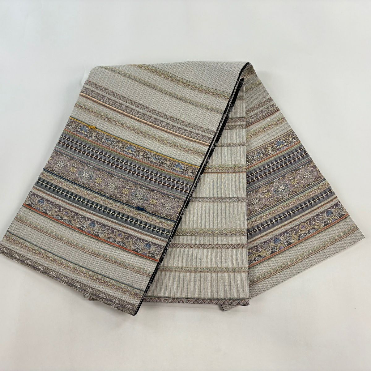 【美品】 袋帶 逸品級 讓帶 雙面 華紋 段紋 金銀線 刺繡 灰紫 大鼓圖案 純蠶絲