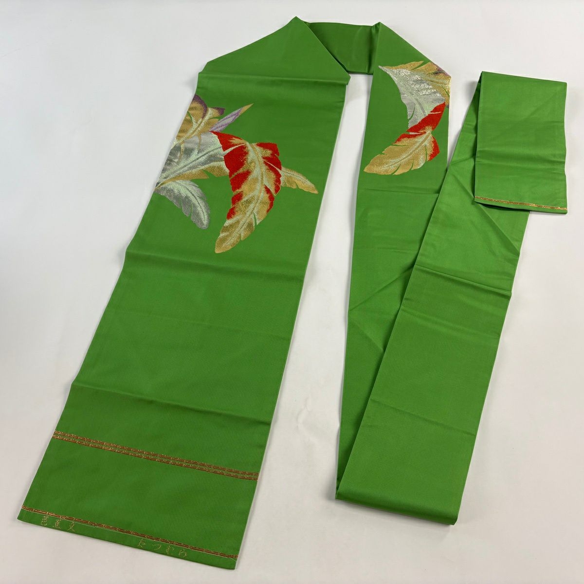 【美品】 名古屋帶 逸品級 龍村美術織物 附落款 芭蕉文 葉柄 金金箔 黃綠 純蠶絲
