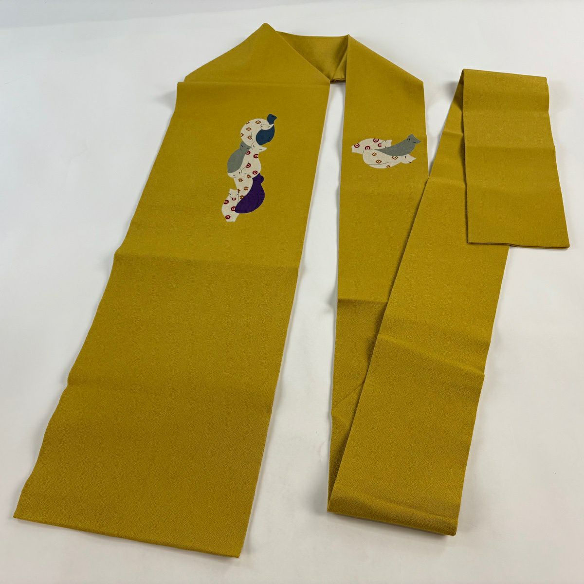 【美品】名古屋帶 逸品級 貓 幾何學 絞織 芥末色 純蠶絲