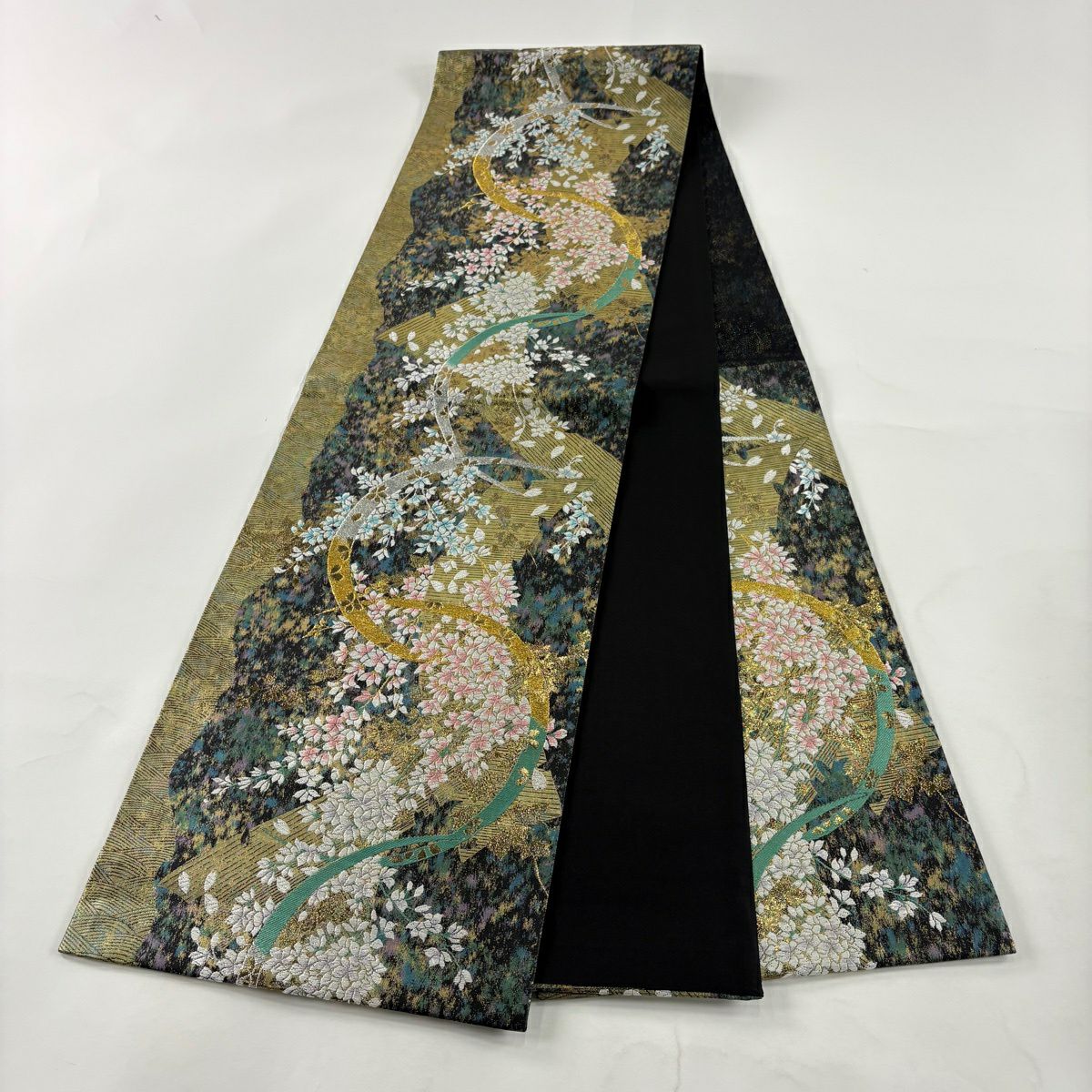 【美品】 袋帶 秀品級 夢優花 幾何學 刺繡 金金箔 深綠 六通 純蠶絲