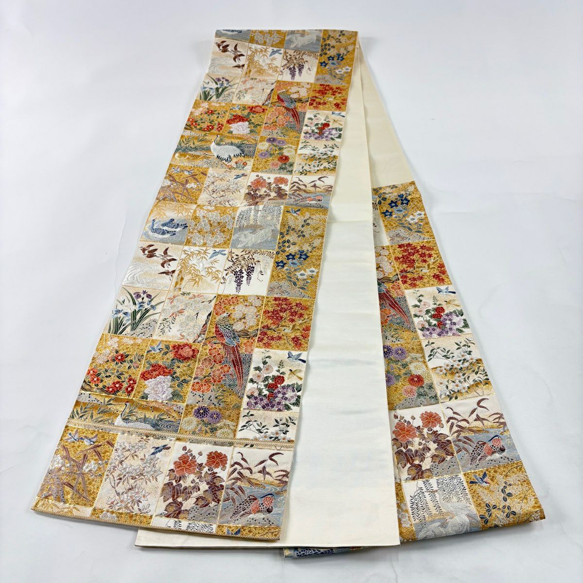 【美品】 袋帶 秀品級 關西仕立 花鳥 格子 金金箔 金絲 奶油 六通 純蠶絲