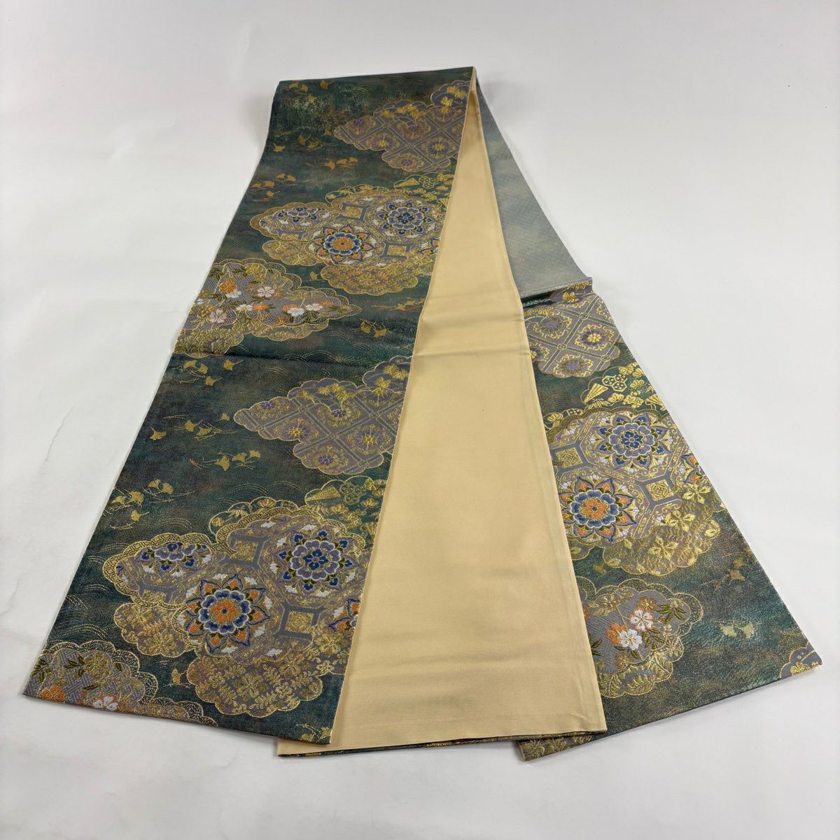 【美品】 袋帶 秀品級 蜀江華紋 雲文 金絲 刺繡 灰綠 六通 純蠶絲