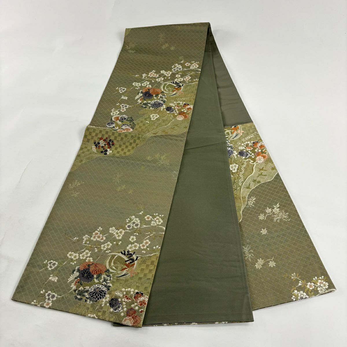 袋帶 秀品級 花丸紋 櫻花 刺繡 金絲 灰綠 六通 純蠶絲