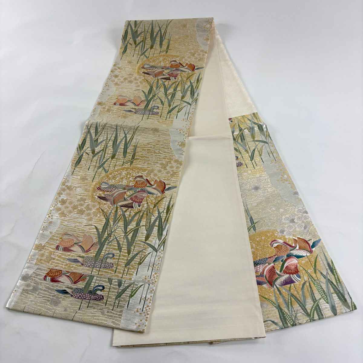 【美品】 袋帶 秀品級 鴛鴦 櫻花 刺繡 金金箔 金色 六通 純蠶絲