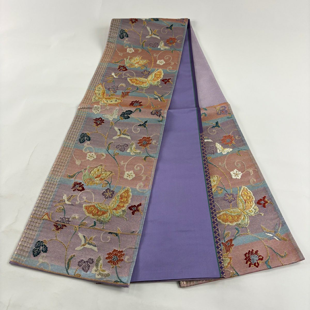 【美品】 袋帶 秀品級 關西仕立 雛蝶 花鳥 刺繡 金金箔 紫 六通 純蠶絲