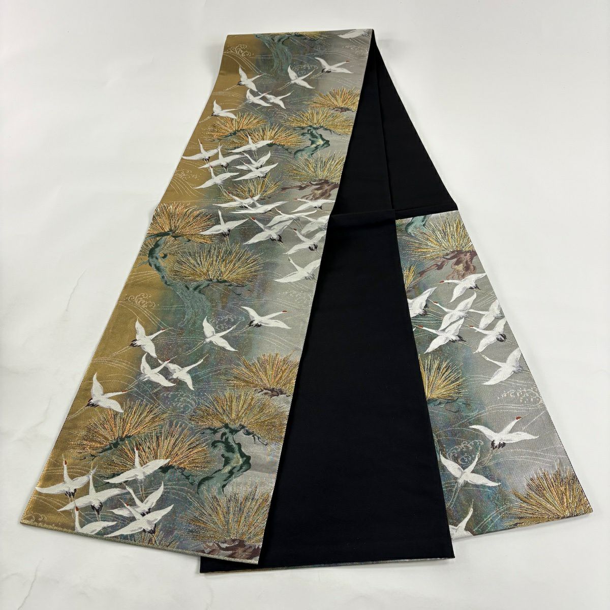 【美品】 袋帶 秀品級 翔仙鶴老松樹紋 波 刺繡 金銀彩 灰綠 六通 純蠶絲