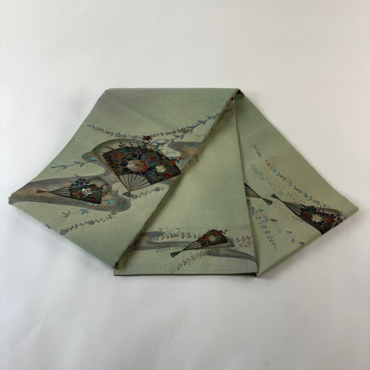 袋帶 秀品級 關西仕立 花扇子 霞 刺繡 金金箔 淺綠 お太鼓圖案 純蠶絲