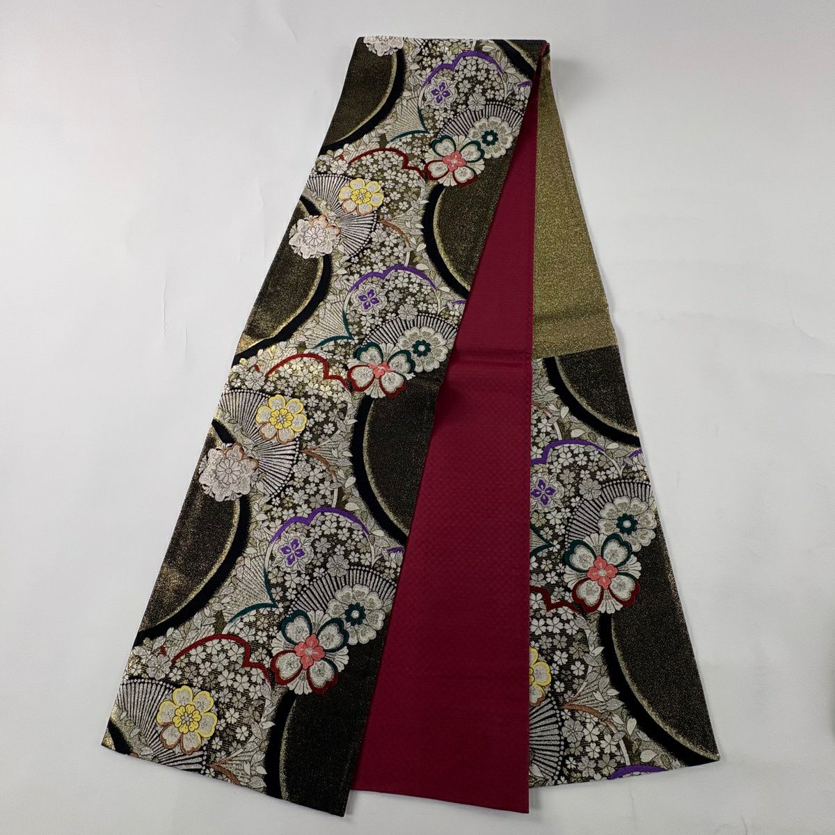 【美品】 袋帶 秀品級 櫻花花瓣 金絲 金金箔 黑 六通 純蠶絲