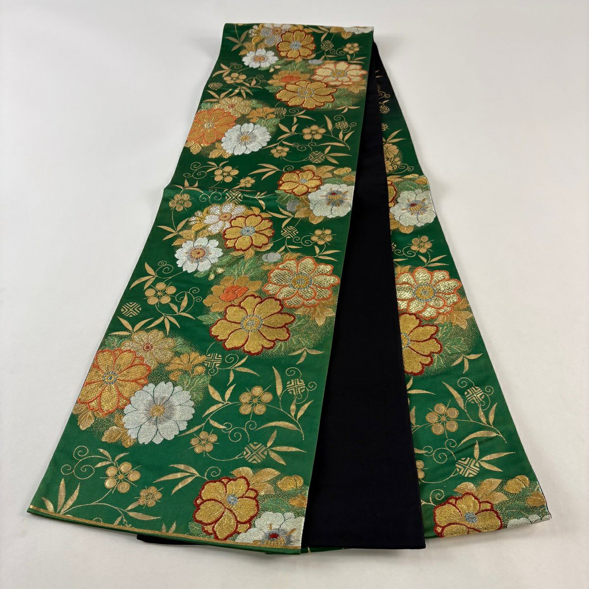 袋帶 秀品級 振袖禮服禮服用 花丸紋 笹蔓 金絲 金金箔 綠色 大鼓圖案 純蠶絲