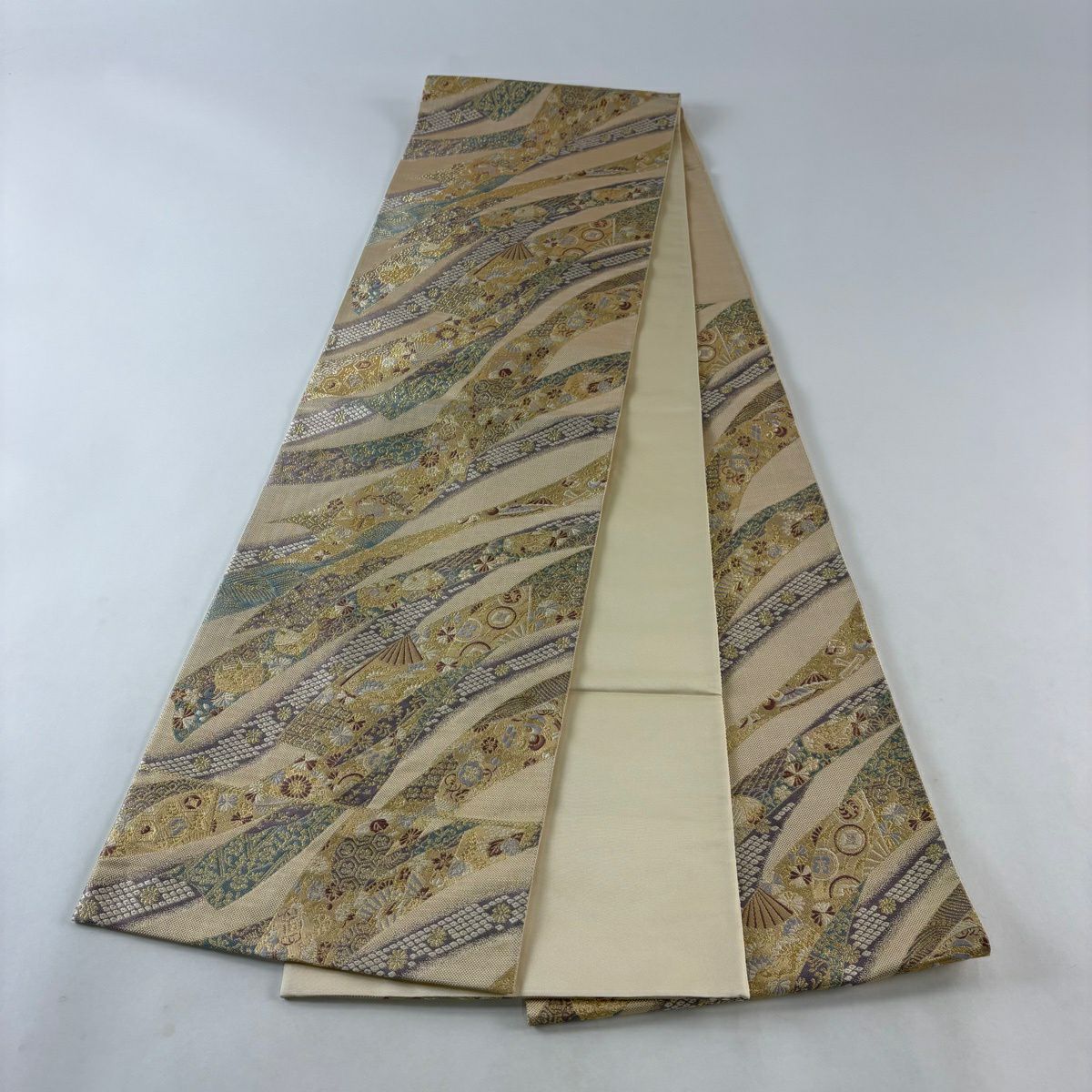 【美品】 袋帶 秀品級 扇子子 線卷 金絲 金金箔 米色 六通 純蠶絲