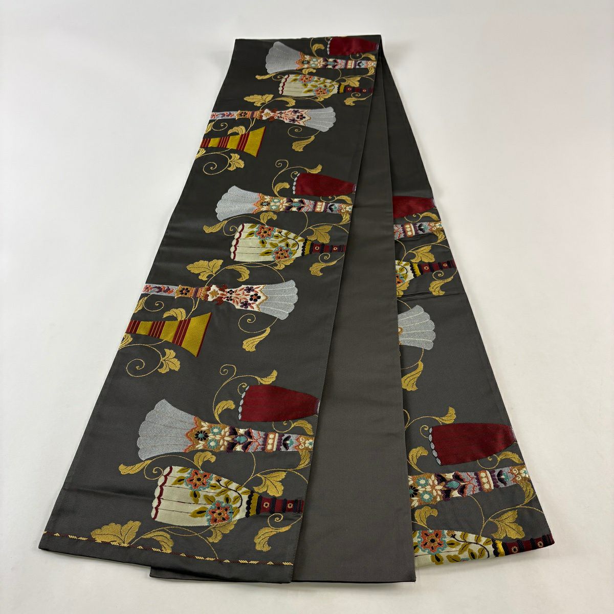 【美品】 袋帶 秀品級 花唐草紋 金糸 刺繡 灰 深藍 六通 純蠶絲