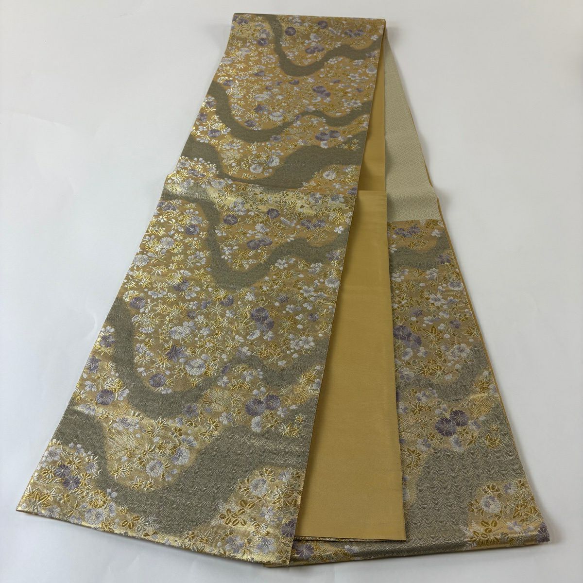 袋帶 秀品級 道長花滿載紋 波 金銀線 金金箔 金色 六通 純蠶絲