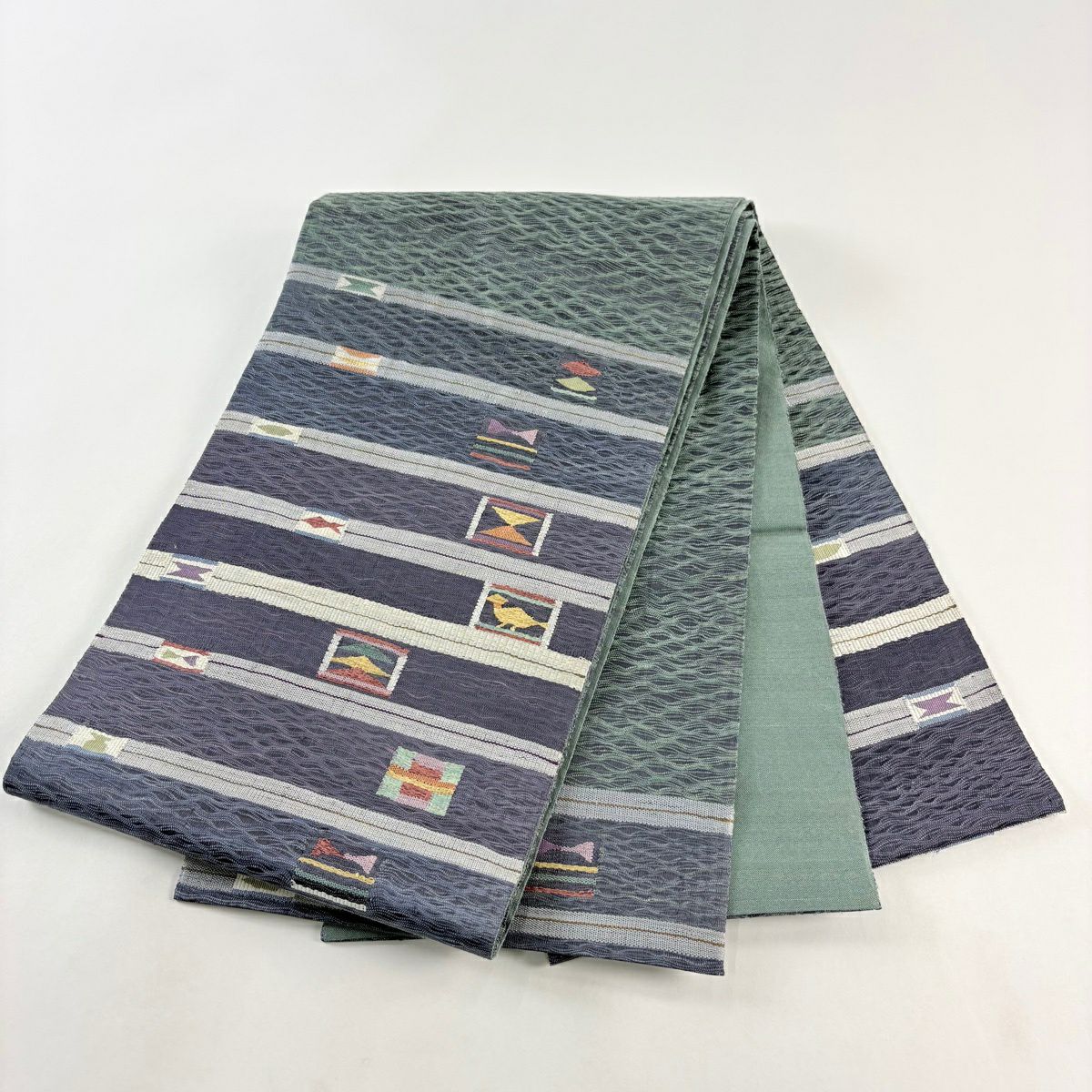 【美品】 袋帶 秀品級 縞紋 鳥 青灰色 お太鼓圖案 純蠶絲