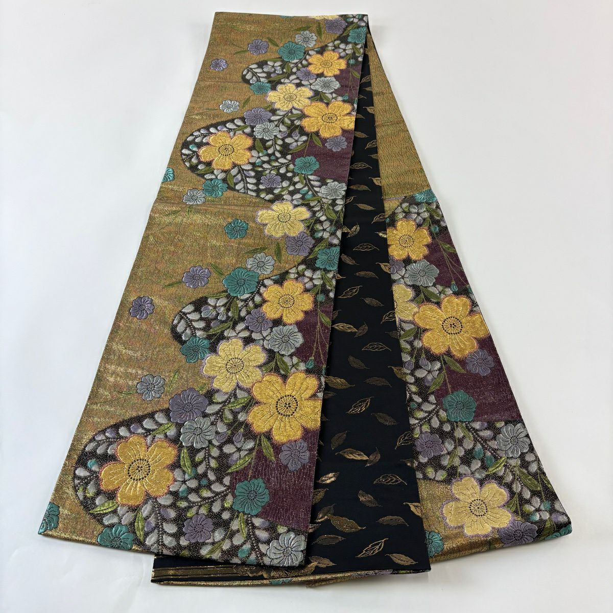 【美品】 袋帶 秀品級 櫻花 金銀彩 金金箔 墨色 六通 純蠶絲