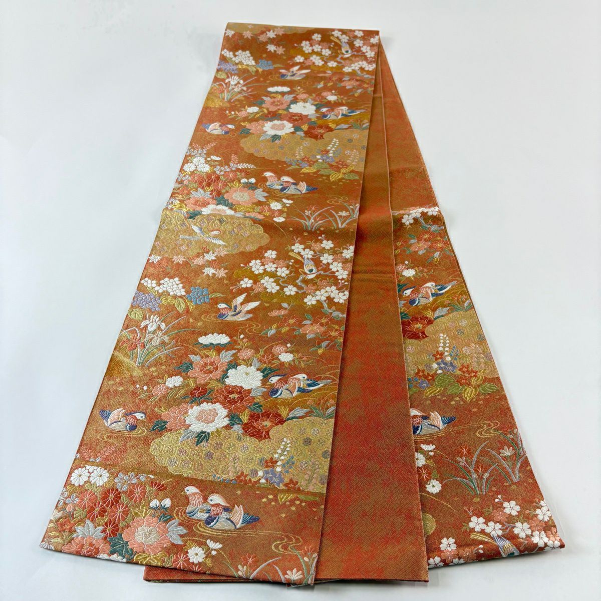 【美品】 袋帶 秀品級 附落款 いづつ佐賀錦 鴛鴦 草花紋刺繡 金絲 鮭粉色 六通 純蠶絲