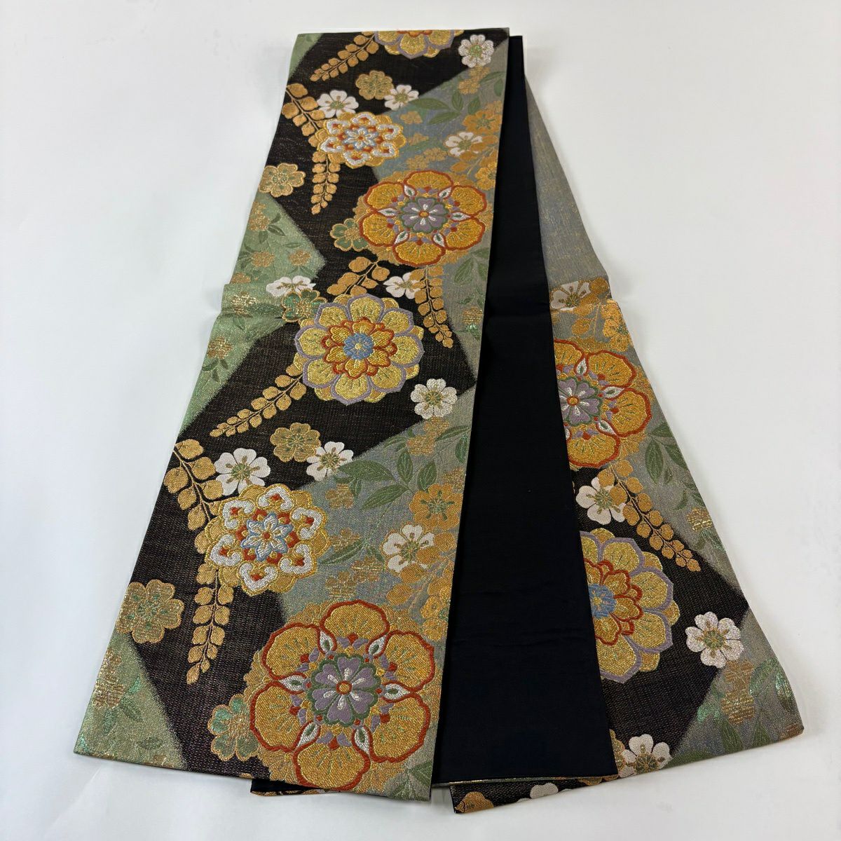 【美品】 袋帶 秀品級 華紋 枝花 金銀彩 金金箔 灰綠 六通 純蠶絲