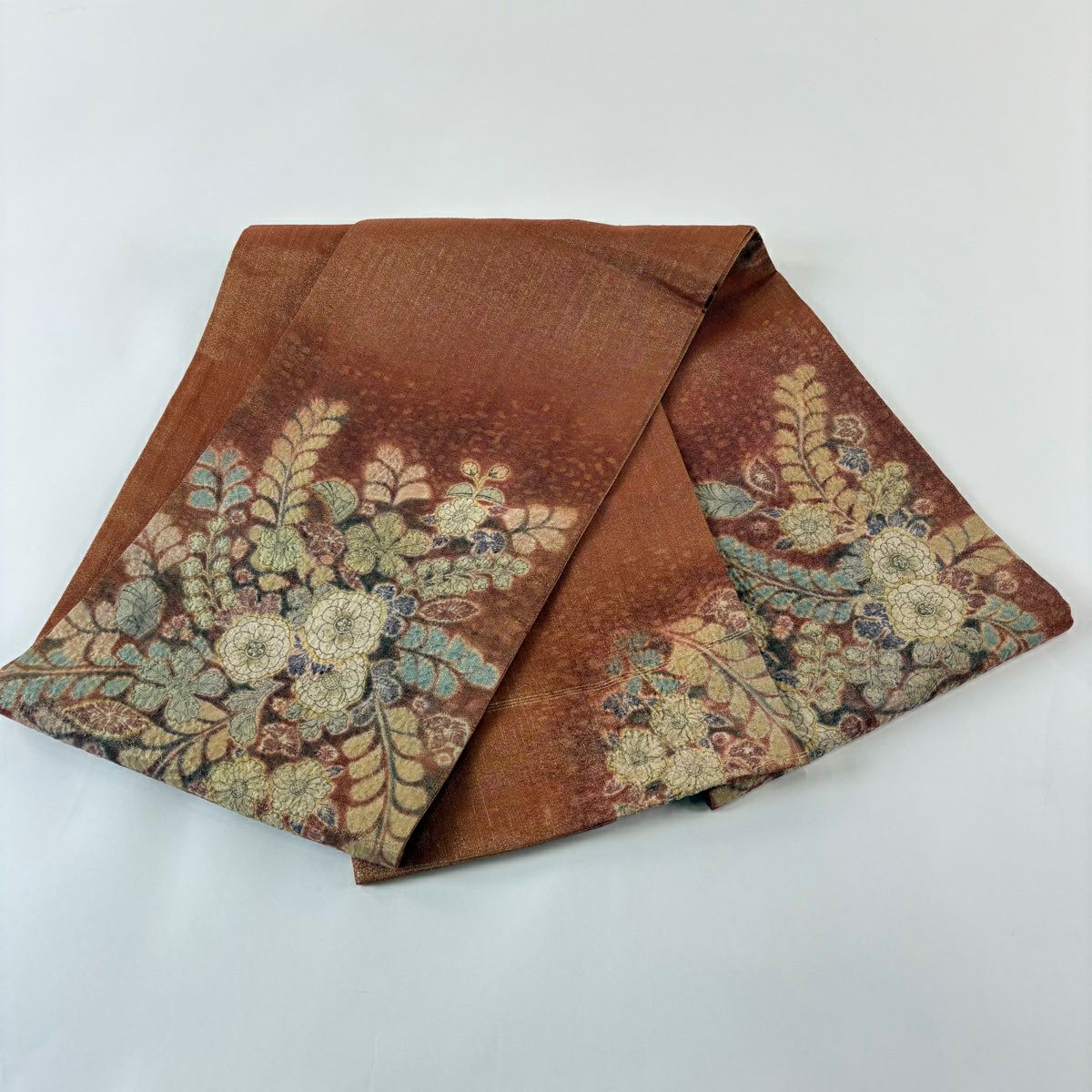 袋帶 秀品級 關西仕立 草花紋紋 金絲 紅茶色 大鼓圖案 純蠶絲