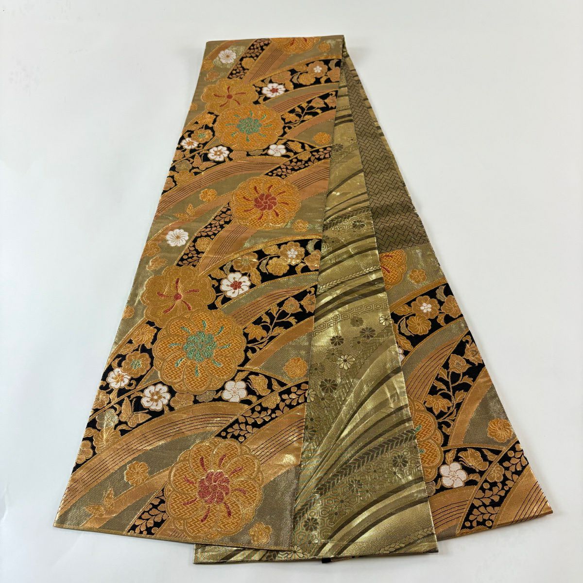 袋帶 秀品級 草花紋紋 蝶 金絲 金金箔 金色 六通 純蠶絲