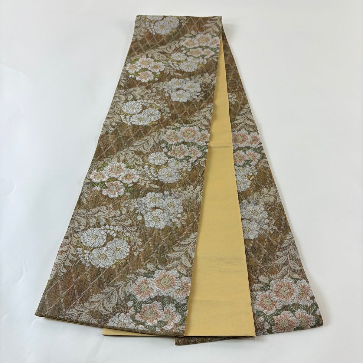 【美品】 袋帶 秀品級 證書齊全 花丸紋 菱形 金銀線 唐織 茶綠 六通 純蠶絲