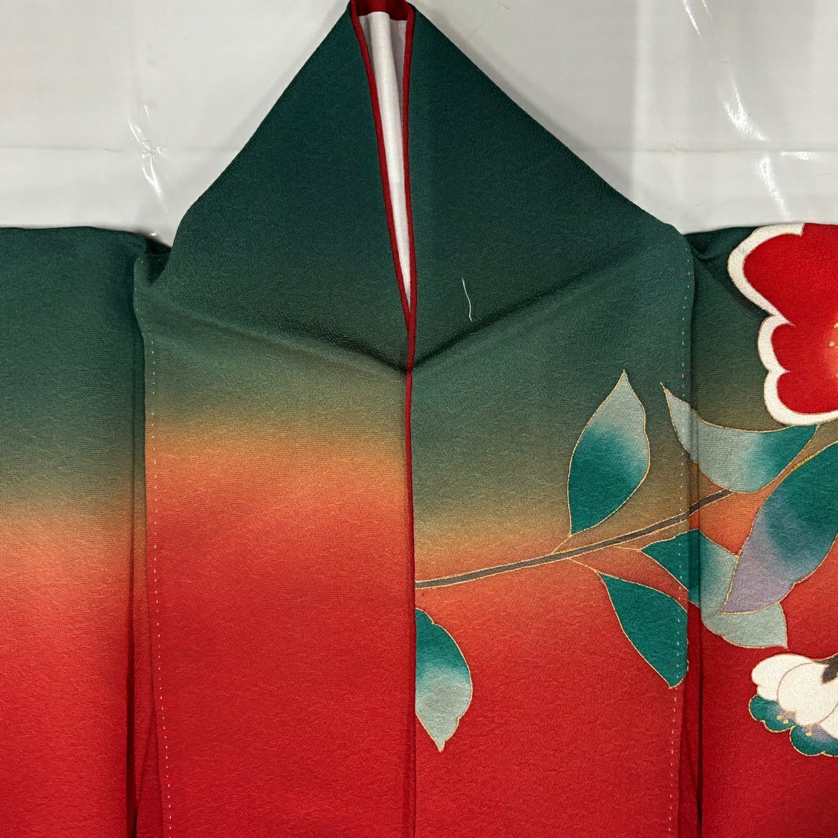 【美品】振袖禮服 身長161.5cm 袖長63cm S 雙層 蝶 枝垂櫻 金銀彩 染分 紅 純蠶絲 秀品級