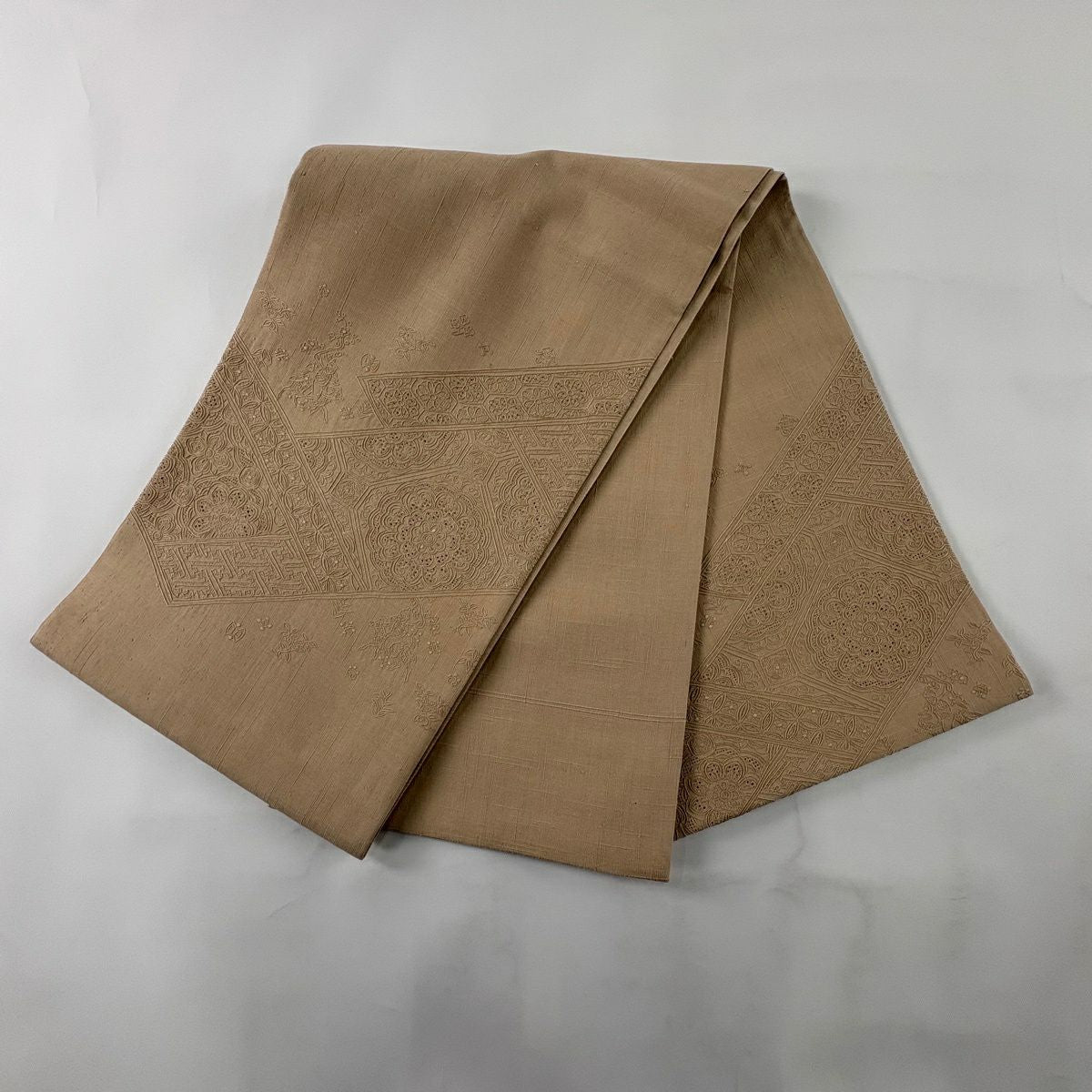 袋帶 秀品級 紬織織 關西仕立 薄茶色 蜀江華紋 動物刺繡 金金箔 お太鼓柄 純蠶絲