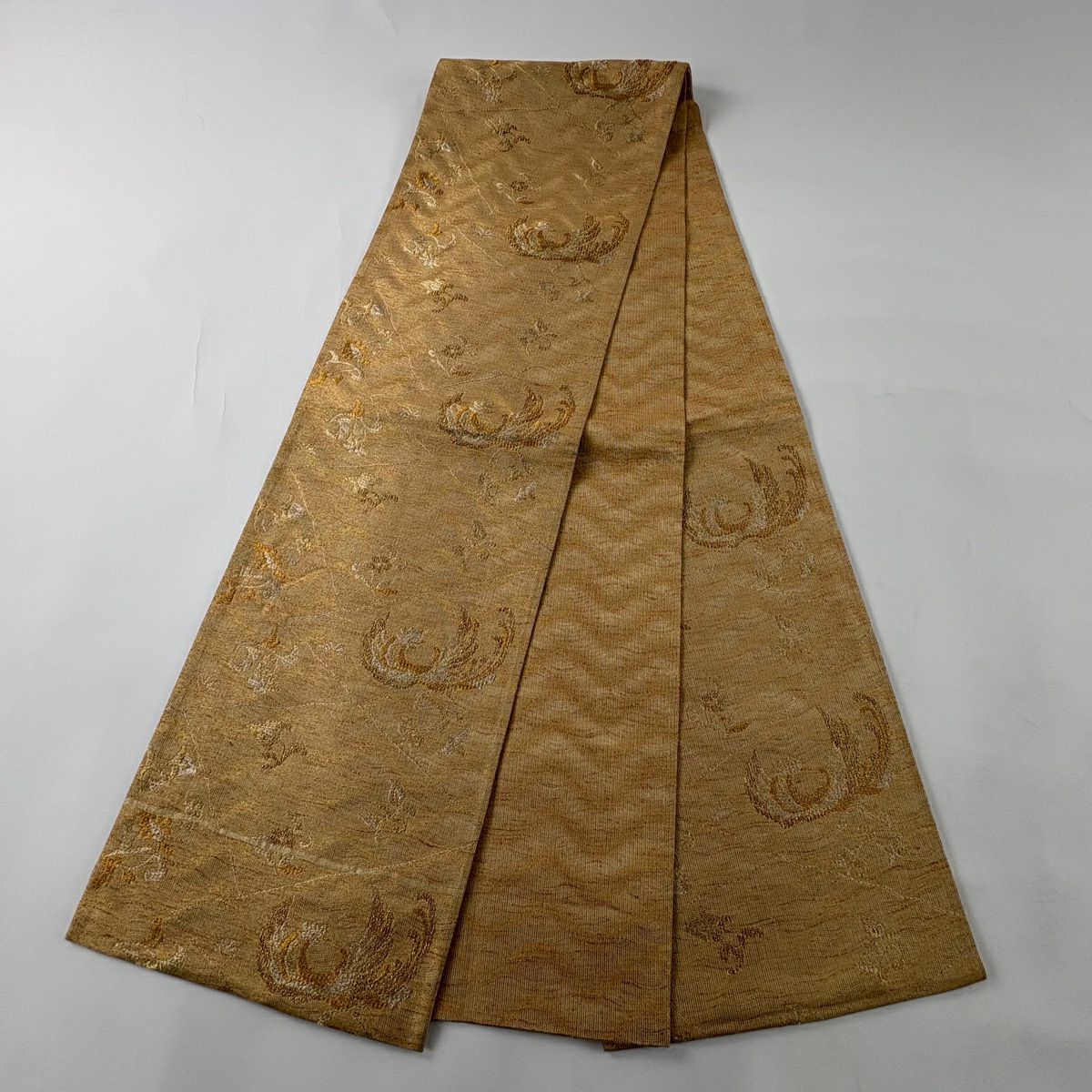 【美品】 袋帶 秀品級 鳥 草花紋 金糸 金金箔 淺橙 六通 純蠶絲