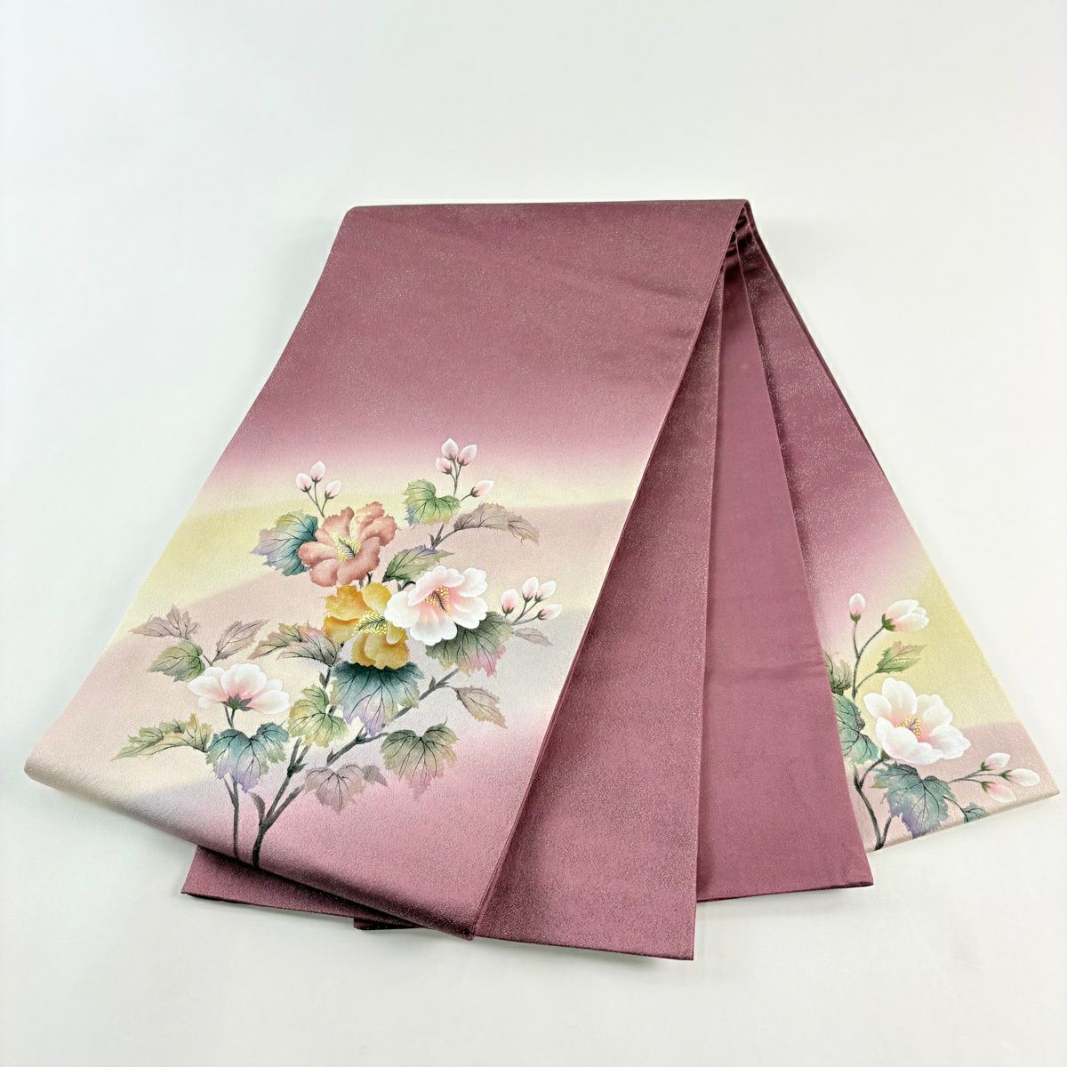 袋帶 秀品級 附有落款 枝花 金金箔 紅紫 大鼓圖案 純蠶絲