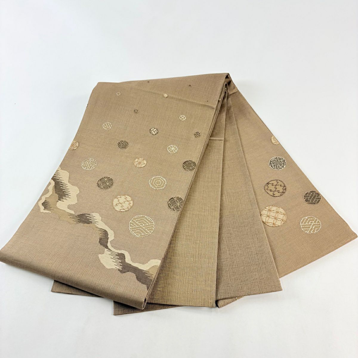 【美品】 袋帶 秀品級 夏帶 圓文 霞 刺繡 茶 純蠶絲
