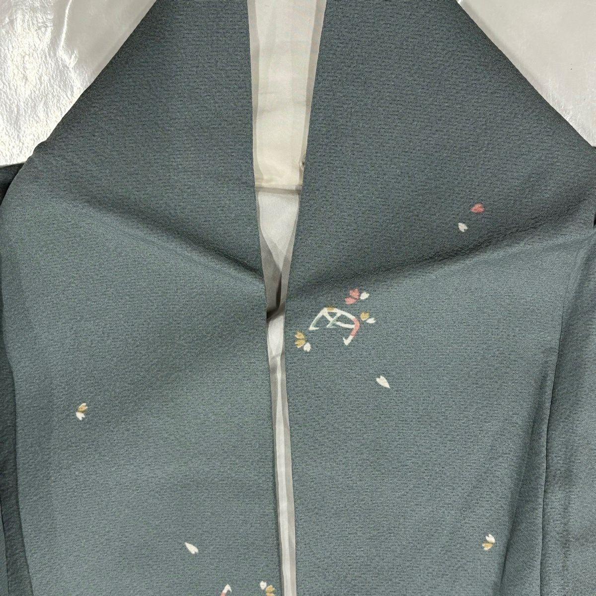小紋 身長155cm 袖長64cm M 雙層 茶道具 花瓣 青灰色 純蠶絲 秀品級
