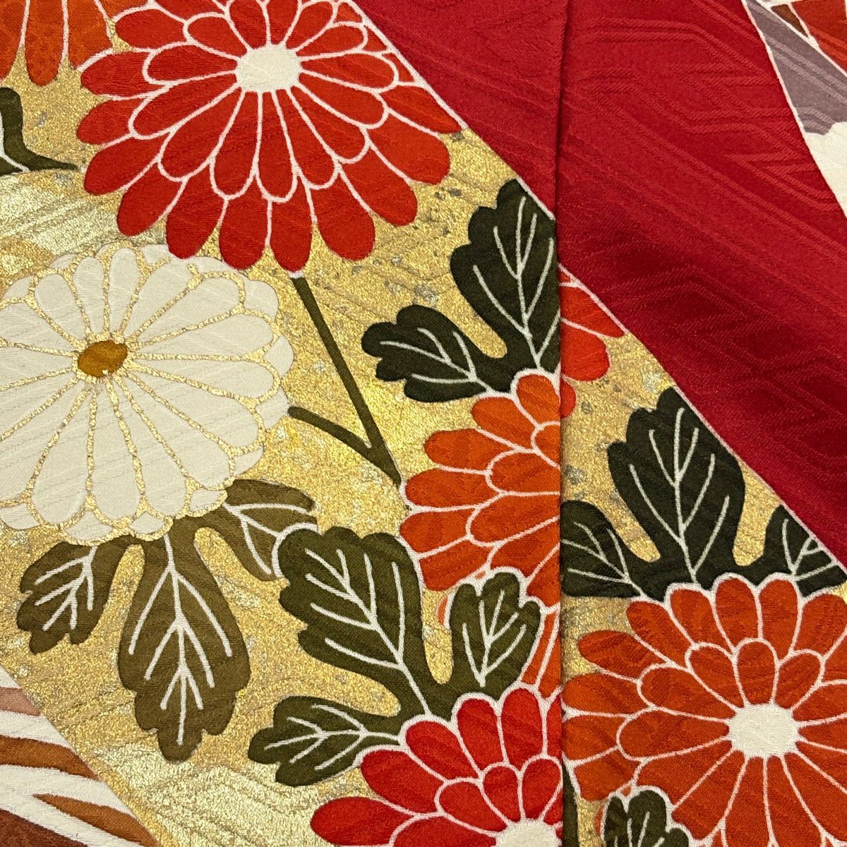 振袖禮服 身長167.5cm 袖長71cm L 雙層 菊花寶盡 金絲 金銀彩 紅 純蠶絲 秀品級